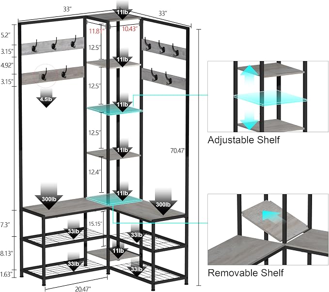 GiftGo Corner Hall Tree with Shoe Rack Storage Bench Display Open Shelves Modern Industrial Entryway Coat Rack Stand for Home Living Room Mudroom Bedroom Multifuncitonal 5 in 1 (Greige)