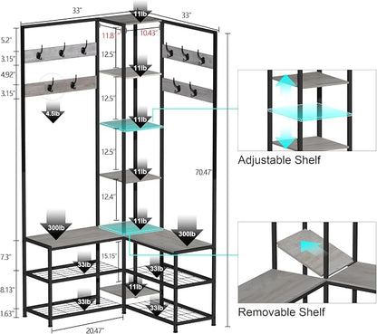 GiftGo Corner Hall Tree with Shoe Rack Storage Bench Display Open Shelves Modern Industrial Entryway Coat Rack Stand for Home Living Room Mudroom Bedroom Multifuncitonal 5 in 1 (Greige)