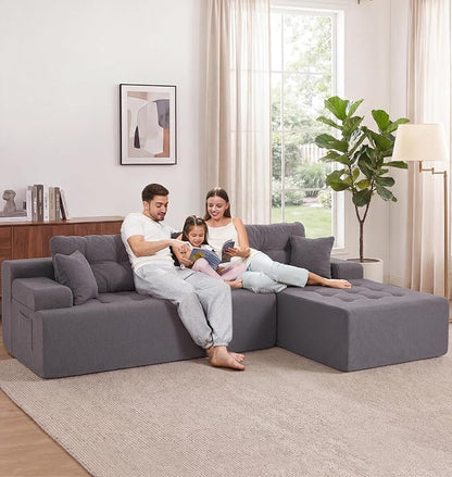 Hobestluk Modular Sectional Sofa Couches L-Shape Couch 3 Seat Modular Sofa Memory Foam Sectional Couches for Living Room, Cloud Couch with Oversized Chaise (Grey Tufted, 108", Right Hand Facing)