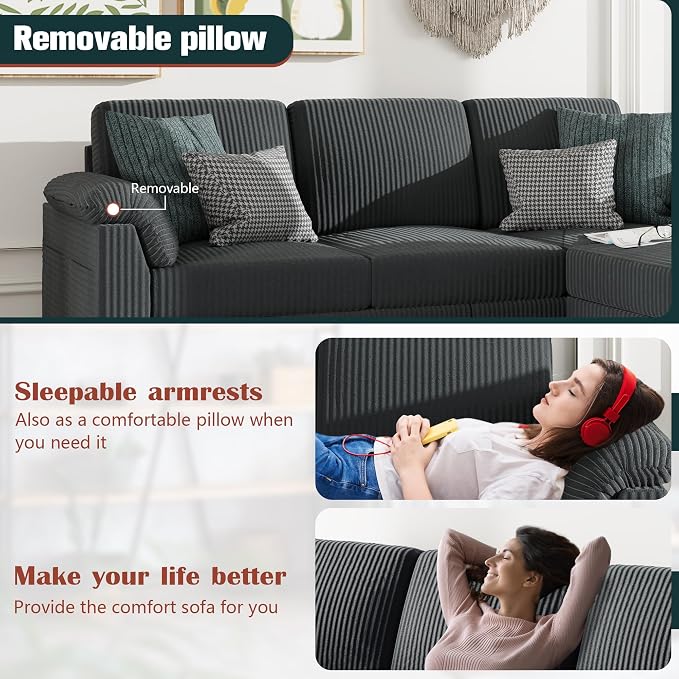Vongrasig 79" Convertible Sectional Sofa Couch, 3 Seat L Shaped Sofa with Ottoman Corduroy Fabric Small Couch Mid Century for Living Room, Apartment and Office (Gray)