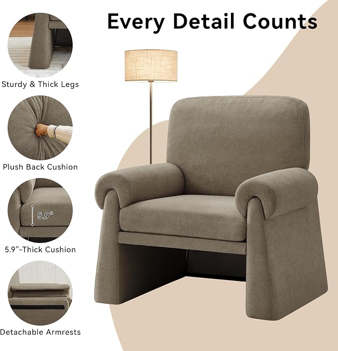 Oversized Accent Chair, Comfy Living Room Chairs, Single Sofa Chair with Thick Cushion and Armrests, Upholstered Arm Chair for Living Room, Modern Armchair, Reading Chair for Bedroom, Grey