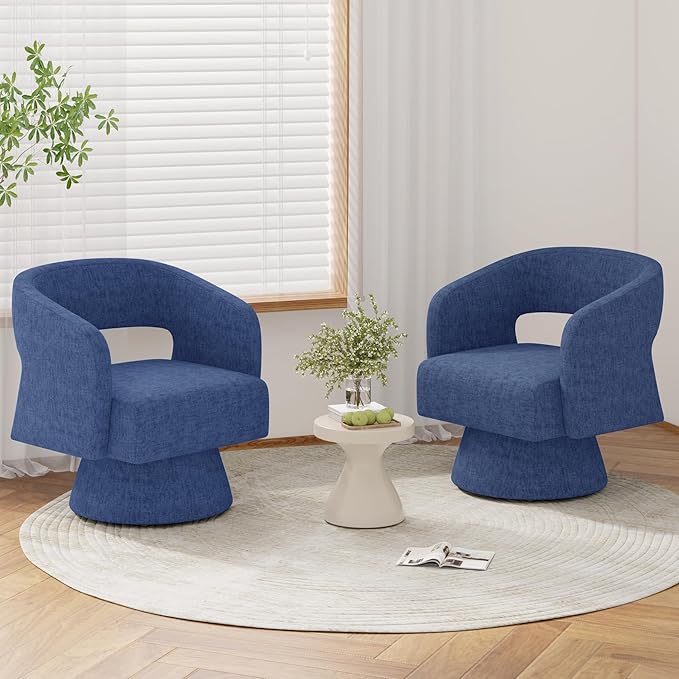 Luxanimarion Swivel Barrel Accent Chair,Oversized Chenille Upholstered Round Swivel Chair,Modern Luxury 360 Degree Living Room Vanity Chair for Bedroom Office,Blue,2PCS