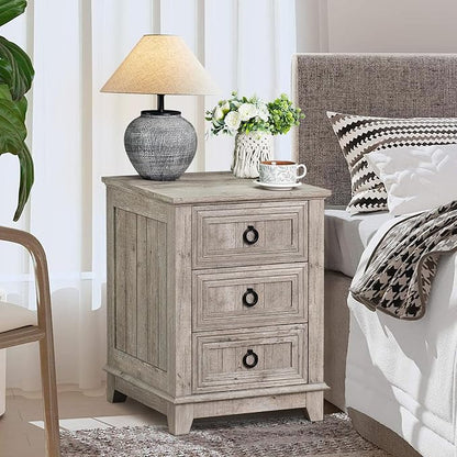 Joaxswe 18" Farmhouse Night Stand with 3 Drawers, Wood End Table Dresser for Bedroom, Retro Oak Nightstand, Bed Side Table with Metal Handle, Bedside Cabinet for Bedroom Living Room, Closet