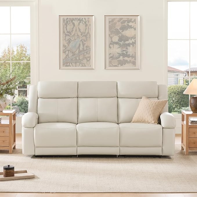 Watson & Whitely Genuine Leather Power Recliner Sofa, 3 Seater Wall Hugger Reclining Sofas with Power Headrest, USB & TypeC Ports, Electric Recliner Couch Set for Living Room, Cream