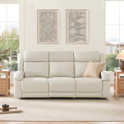 Watson & Whitely Genuine Leather Power Recliner Sofa, 3 Seater Wall Hugger Reclining Sofas with Power Headrest, USB & TypeC Ports, Electric Recliner Couch Set for Living Room, Cream