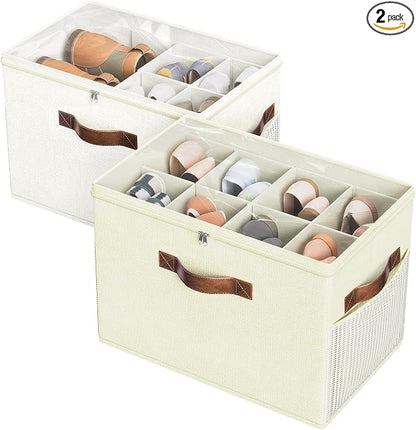 Budding Joy 2 Pack Shoe Organizer for Closet, Clear Foldable Shoe Storage Containers Adjustable Dividers Fits 16 Pairs,Shoe Storage Bins Baskets Boxes with Reinforced Handles Beige Yellow Beige | Farbic shoe storage organizer box bin with clear cover, ...