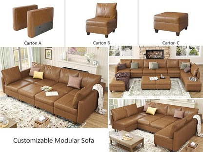 EASE MOOSE Faux Leather Sectional Sofa，U Shaped Faux Leather Modular Sectional Sofa ，Brown Modular Couch for Living Room