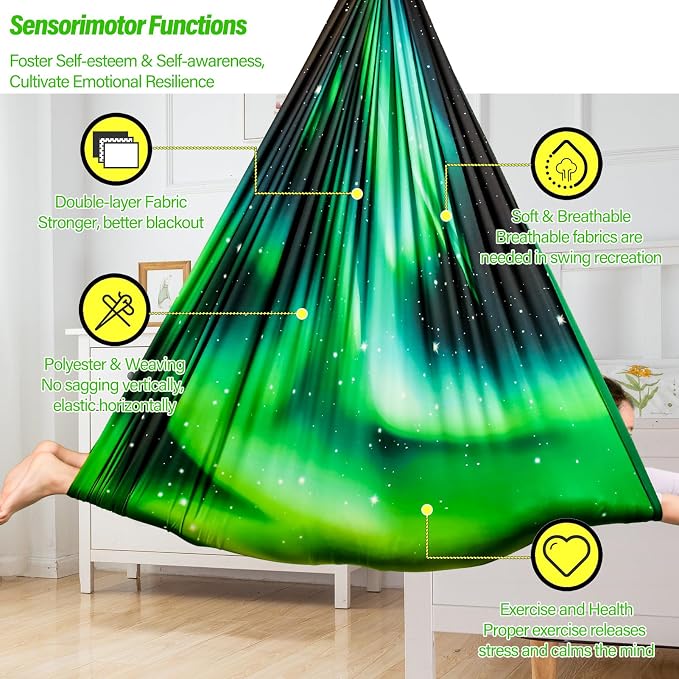 Sensory Swing for Kids & Adults Holds up to 300lbs Indoor & Outdoor Double Layer Therapy Cuddle Swing with 360° Swivel Hanger Kit for Calming, Effect for Autism, ADHD or SPD. (Aurora Green)