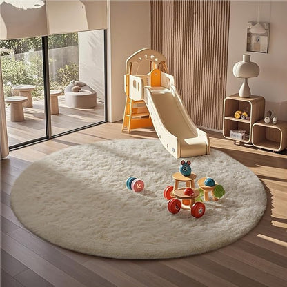 Ophanie Round Rugs 6Ft Ivory Circle Area Rug, Aesthetic Room Decor, Fluffy Fuzzy Bedroom Carpet, Plush Soft Shaggy Cream Living Room Rugs for Kids Home Decor, Nursery with Over 99 pcs Pile fibers