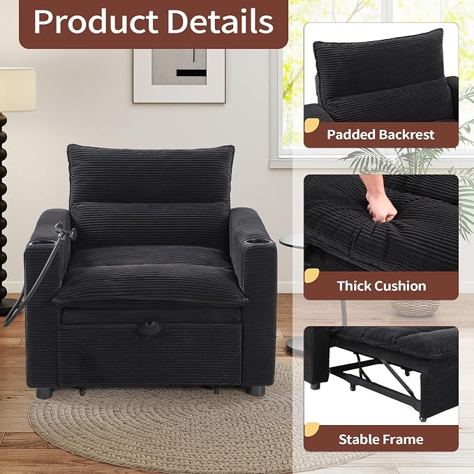 HAOMARKETS Corduroy Sleeper Sofa Bed with 2 Cup Holders, 3-in-1 Convertible Pullout Futon Couch with Phone Holder&USB Charge Port, Single Chair with 3-Level Adjustable Backrest for Living Room
