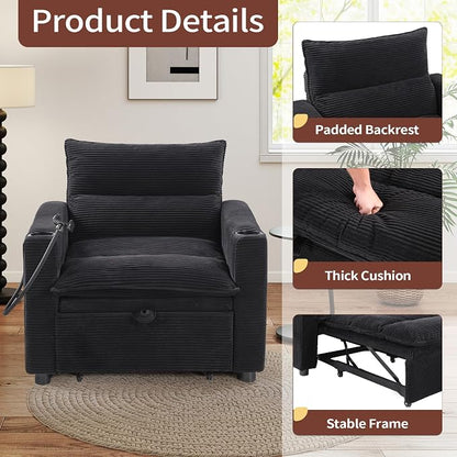 HAOMARKETS Corduroy Sleeper Sofa Bed with 2 Cup Holders, 3-in-1 Convertible Pullout Futon Couch with Phone Holder&USB Charge Port, Single Chair with 3-Level Adjustable Backrest for Living Room