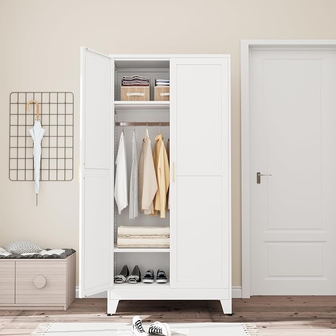 Ckzbx 71" H Metal Armoire Wardrobe Closet, Adjustable Shelve, Clothes Drying Pole, Steel Wardrobe Cabinet for Bedroom (White)