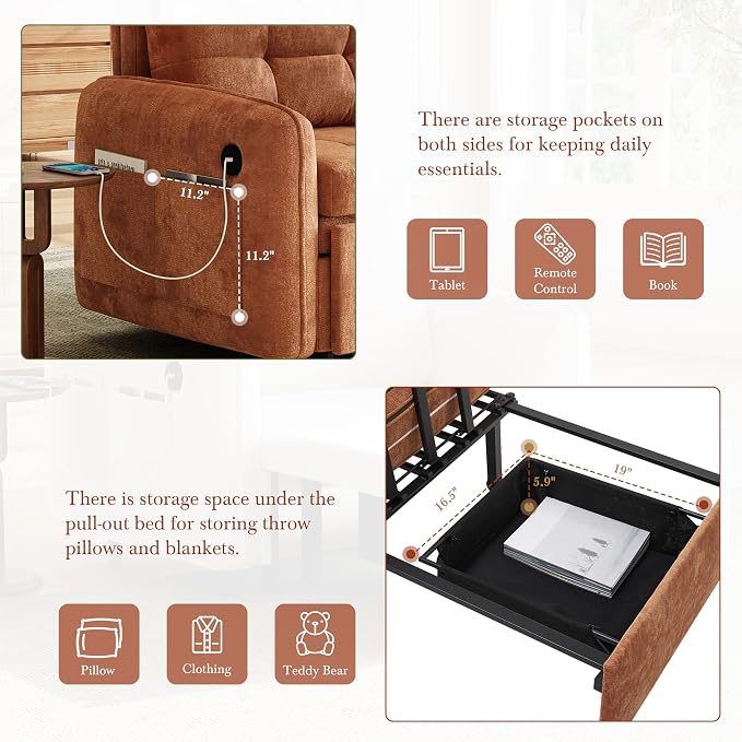 ERYE Modern Foldable Chair Sofa Convertible Pull Out Sleeper Sofabed,Single Seat Tufted Upholstered Sofa Convertible Chaise Lounge Bed with USB-Ports and Side Pockets