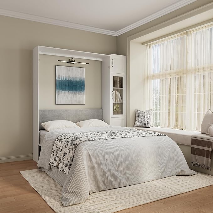 Bobve Farmhouse Murphy Bed Queen, 85" Wall Bed Folds to Save Space,Concealed Bed Frame with 1 Glass Storage Cabinet and Wall Mounted Features for Apartment/Office/Guest Room