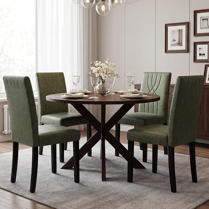 LSSBOUGHT Modern Dining Chair Set of 2,Urban Style Fabric Kicthen Chairs with Solid Wood Legs for Dining Room and Restaurant (Green-Quilted backrest)