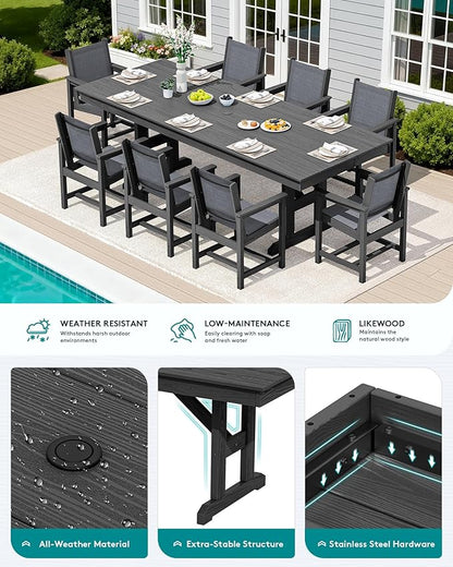 SERWALL 9 Piece 84" HDPE Outdoor Dining Set for 8 with Textilene Chairs and Umbrella Hole, Black/Gray