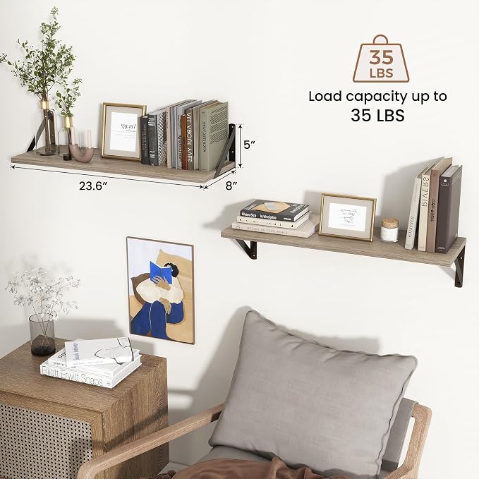 Axeman 24 Inch Floating Shelves | 8 Inch Deep Grey Wall Shelves Set of 2 | 24''W x 8''D Rustic Grey Wood Shelves for Bathroom Kitchen Living Room Bookshelf Home Office