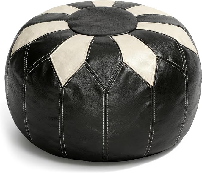 Thgonwid Unstuffed Moroccan Faux Leather Pouf Ottoman Cover with Storage - Boho Chic Multi-Use Footrest for Living Room, Bedroom, Patio - Round Ethnic Floor Cushion & Decorative Accent, Black&White