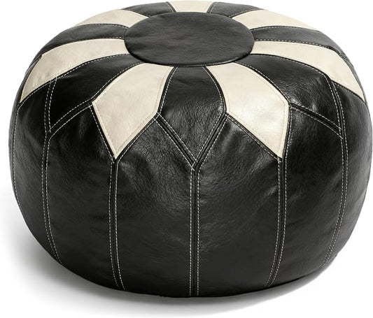 Thgonwid Unstuffed Moroccan Faux Leather Pouf Ottoman Cover with Storage - Boho Chic Multi-Use Footrest for Living Room, Bedroom, Patio - Round Ethnic Floor Cushion & Decorative Accent, Black&White