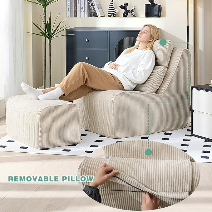 104.92" L-Shaped Corduroy 3 Piece Sofa Set with Single Lounge Chair & Ottoman, Modular Compressed All Foam Couch, Freely Movable Footrest, Minimalist Large Living Room Furniture
