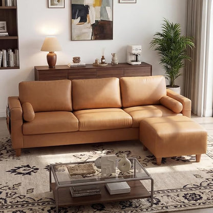 Vesgantti 100" Faux Leather Couch with Movable Ottoman, 3 Seater L Shaped PU Leather Sofa with Side Pocket, Comfy Mid Century Modern Modular Sectional Couch for Living Room, Apartment, Camel