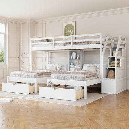 VilroCaz Twin Size Triple Bunk Bed with Drawers and Staircase, Solid Wood Bunk Bed Frame with Safety Full-Length Guardrail and Built-in Shelves, 3 Beds in 1 for Kids Teens Adults
