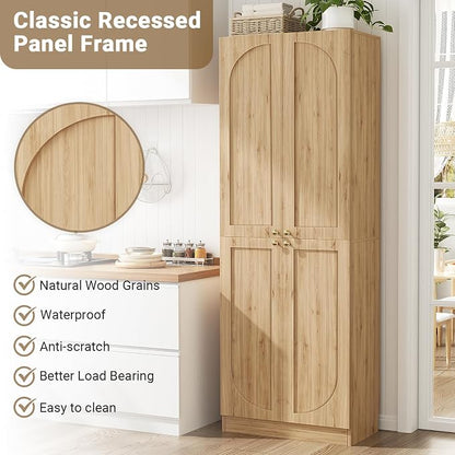 Cyclysio 80" Kitchen Pantry, Extra Tall Arch Storage Cabinet with 4 Soft Close Doors and Adjustable Shelves, Freestanding Wood Cupboard with Seamless Fit Wall for Dining Living Room Bathroom Furniture