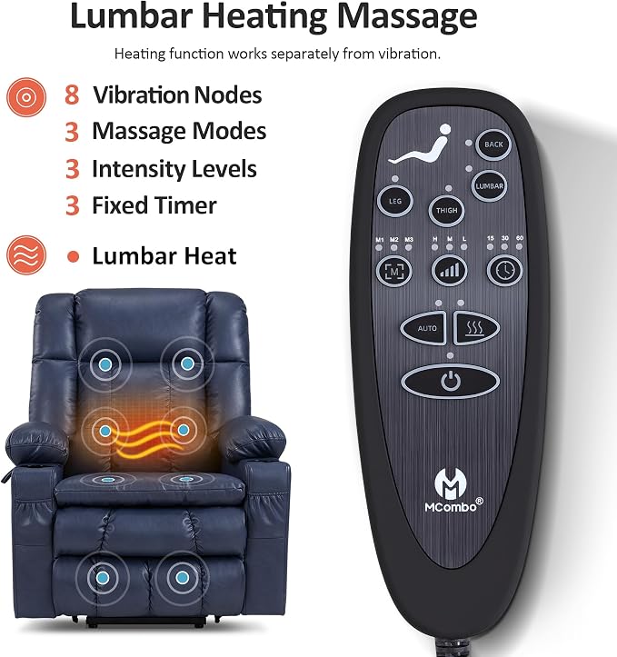 MCombo Dual Motor Power Lift Recliner Chair for Elderly, Lay Flat Lift Chair with Heat and Massage, Cup Holders, USB Ports, Faux Leather 7890 (Blue, Medium)