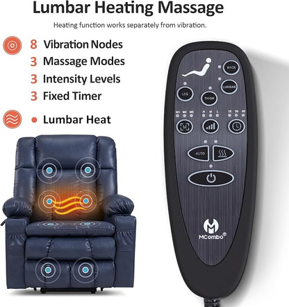 MCombo Dual Motor Power Lift Recliner Chair for Elderly, Lay Flat Lift Chair with Heat and Massage, Cup Holders, USB Ports, Faux Leather 7890 (Blue, Medium)