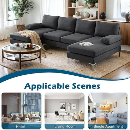 VINGLI 110" Modern Sectional Couch with 51" D Double Chaise, Dark Grey Deep Seat U Shaped Couch with Removable Pillows & Metal Legs, Comfy 4-Seat Sofas for Living Room, Linen Fabric