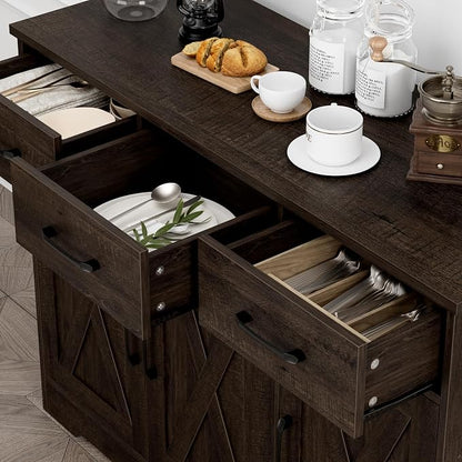 HOSTACK Modern Farmhouse Buffet Sideboard Cabinet, Barn Doors Storage Cabinet with Drawers and Shelves, Wood Coffee Bar with Storage for Dining Room, Kitchen, Living Room, Dark Brown