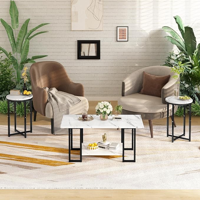Lamerge 3 Pieces Living Room Table Set, Faux Marble Coffee Table with 2 Round End Side Tables, Coffee Table Set with Metal Frame for Apartment Home Office, White Black