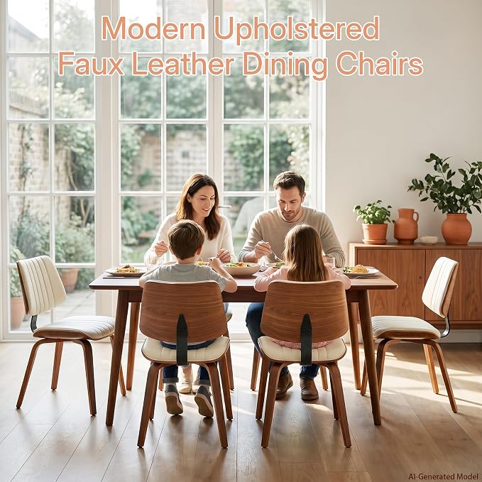 Armless Dining Chairs Set of 4, Walnut Beige | Set of 4 armless chairs with ergonomic walnut back and warm beige faux leather. Ideal for dining rooms or kitchens