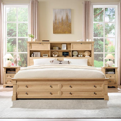 T4TREAM Farmhouse Queen Size Bed Frame with 54" Tall Storage Bookcase Headboard, 18" Roman Column Decoration Footboard,2 Drawer & 4 Storage Rack, Oak