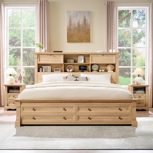 T4TREAM Farmhouse Queen Size Bed Frame with 54" Tall Storage Bookcase Headboard, 18" Roman Column Decoration Footboard,2 Drawer & 4 Storage Rack, Oak