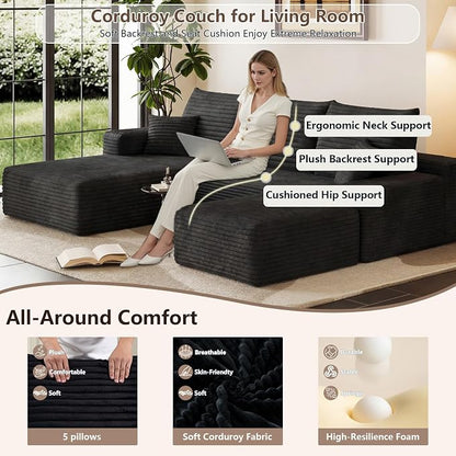 95" Cloud Sectional Couch U-Shaped Chaise with Ottoman, Corduroy Boneless Couch for Living Room Bedroom, Deep-Seat Upholstered Modular Cloud Sofa, No Assembly Required (Black, Left Facing Chaise)