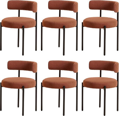 Boucle Dining Chairs Set of 6, Rust Dining Chairs with Upholstered Seat and Round Back, Mid-Century Modern Kitchen Chairs for Dining Room, Restaurant