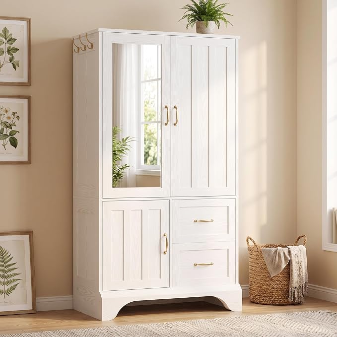 LIKIMIO Armoire Wardrobe Closet with Mirror and 3 Doors and 2 Drawers, Bedroom Wooden Armoire Storage Cabinet Combination with Hanging Rod for Bedroom, White