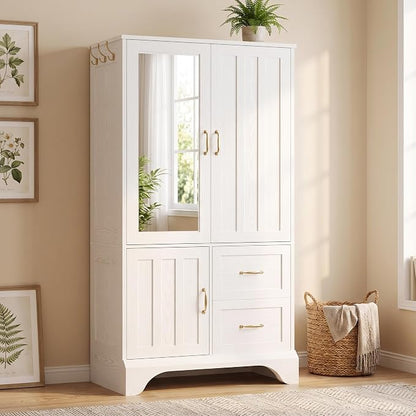LIKIMIO Armoire Wardrobe Closet with Mirror and 3 Doors and 2 Drawers, Bedroom Wooden Armoire Storage Cabinet Combination with Hanging Rod for Bedroom, White