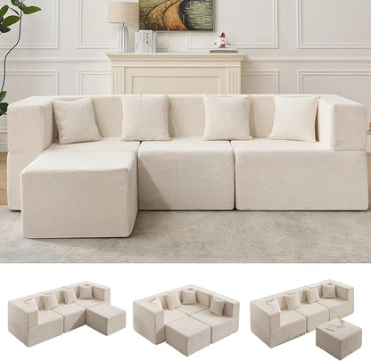 MONVANE 103'' Modular Sectional Sofa, Cloud Sectional Couch with Ottoman, Convertible Chenille L Shaped Couch with Deep Seat, Sectional Couches for Living Room Bedroom, No Assembly Required, Beige