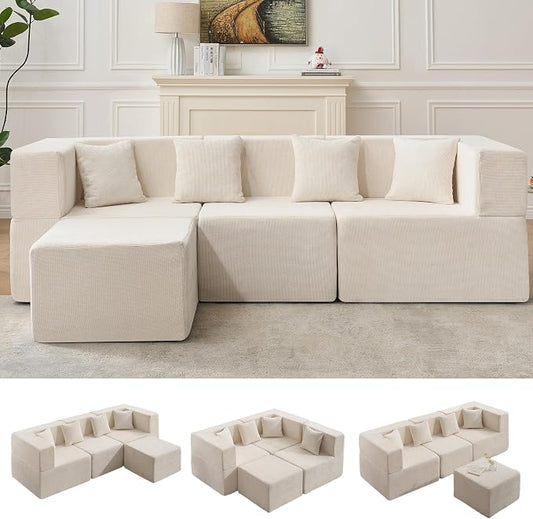 MONVANE 103'' Modular Sectional Sofa, Cloud Sectional Couch with Ottoman, Convertible Chenille L Shaped Couch with Deep Seat, Sectional Couches for Living Room Bedroom, No Assembly Required, Beige