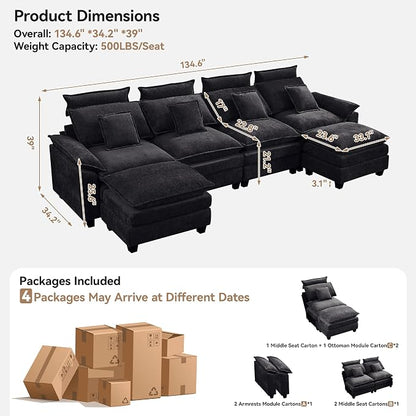 134'' Cloud Modern 4 Seater Couch with Detachable Headrest, Modular Sectional Sofa with 2 Ottoman, Oversized U Shape Chenille Comfy Sofa with Armrests for Living Room, Dark Grey