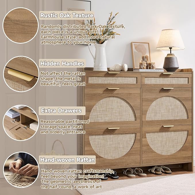 Rattan Shoe Storage Cabinet with 4 Flip Drawers & 2 Drawers, Freestanding Organizer for Front Door Entrance, Hidden Narrow Shoe Rack Cabinet Storage for Entryway, Rustic Oak Rattan