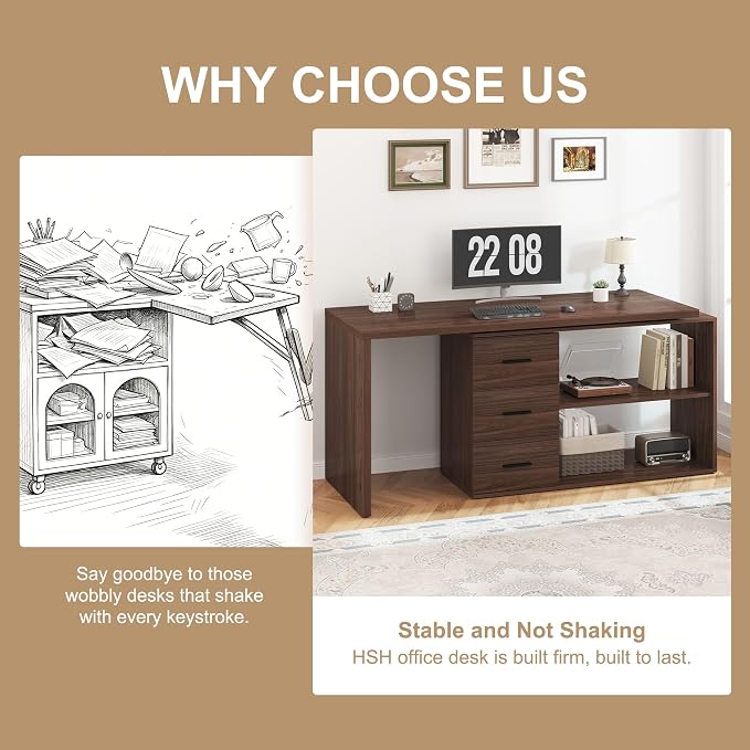 HSH L Shaped Office Desk with Drawers Shelves 55-76 Inch, Corner Computer Desk with Storage 360 Rotating Long for Work, Executive, Study, Writing, Teacher, Bedroom Modern Gaming Table, Walnut
