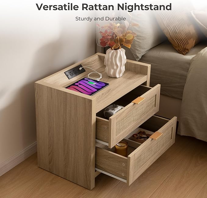 SICOTAS Rattan Nightstands Set of 2 Bedside Table - Bed Night Stand with Type-C Charging Station, 2 Drawers Storage - Boho Night Stands End Table for Bedroom Office - Light Oak