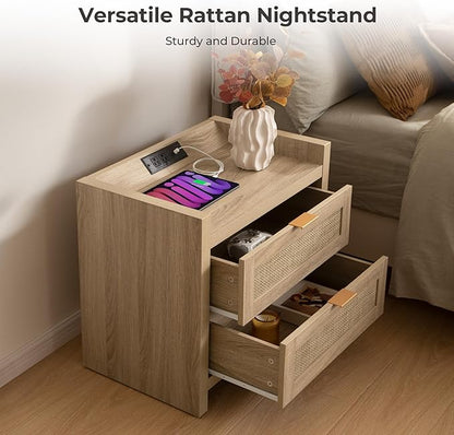 SICOTAS Rattan Nightstands Set of 2 Bedside Table - Bed Night Stand with Type-C Charging Station, 2 Drawers Storage - Boho Night Stands End Table for Bedroom Office - Light Oak