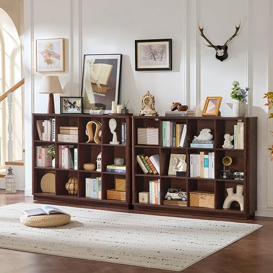 Joaxswe 12 Cube Storage Organizer, 41" Large Bookshelf with Curved Edge, Wood Floor Standing 3-Tier Cubby Bookcase w/Base, Vintage Display Storage Cabinet, Book Case for Living Room, Office, Walnut