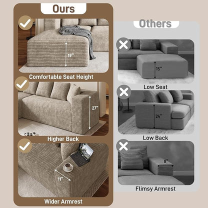 Oversized L Shaped Boneless Sectional Couches for Living Room, 107" Comfy Fluffy Cloud Modular Sectional Sofa, Plush Corduroy Memory Foam Floor Sofa with Left Facing Chaise Couch