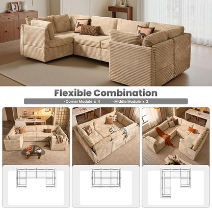 ovios Modular Sectional Sofa Couch with U-Shape Chaises Convertible, Comfy Plush Corduroy Cloud Couches, Modern Luxury Deep Seat Sofas Set for Living Room, 6-Seater, Beige