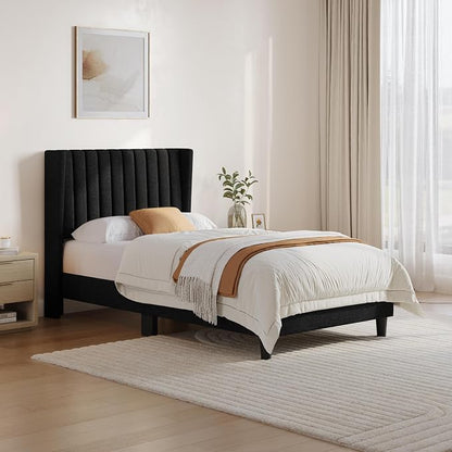 Yaheetech Twin Bed Frame Upholstered Platform Bed with Fabric Headboard, Wing Edge Design/Non-Slip and Noise-Free/Wooden Slats Support/No Box Spring Needed/Easy Assembly,Black Twin Bed